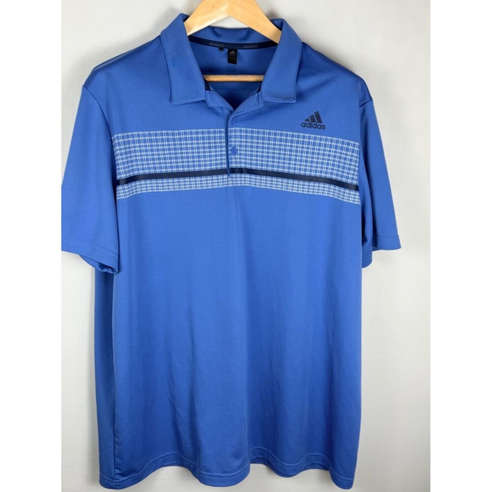 Adidas Polo Shirt Men’s 2XL Blue Stripe Logo Golf Active Performance Primegreen